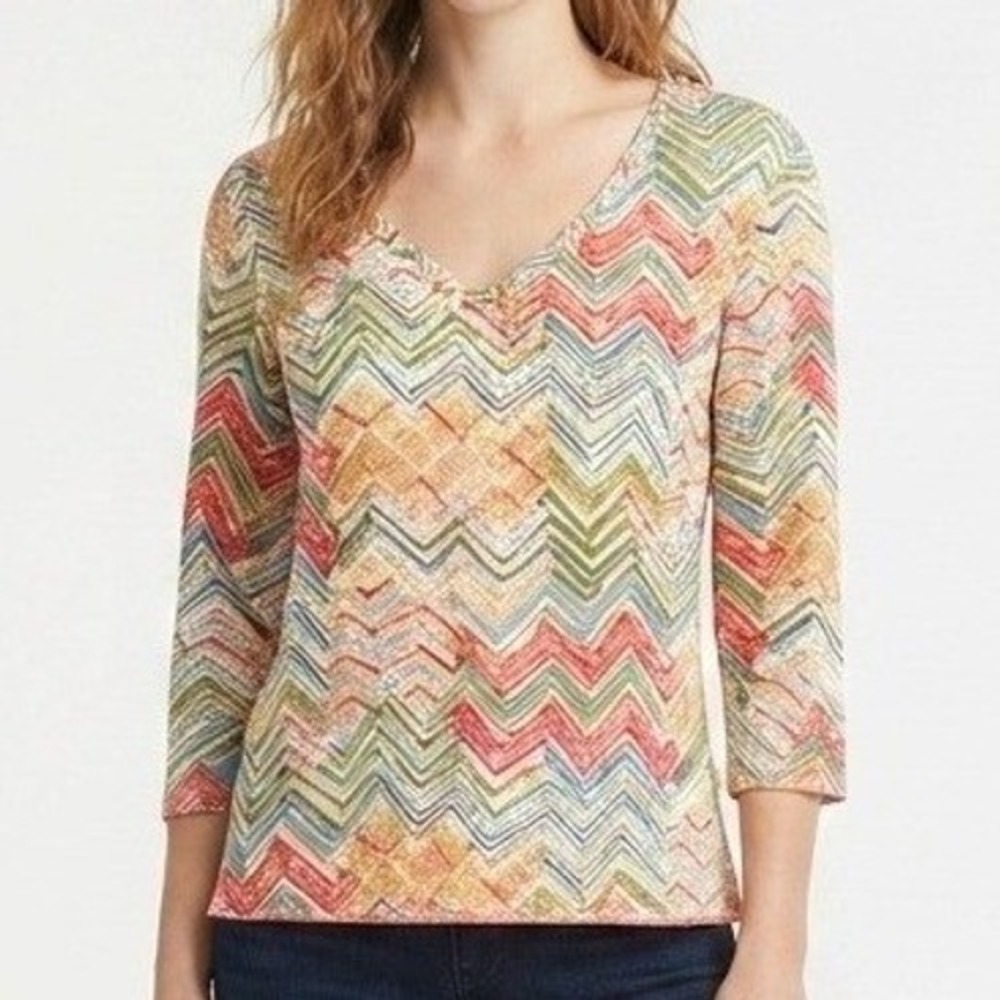 J. Jill 3/4 Sleeve‎ Top Women XL Multicolor Chevron Geometric V-Neck Stretch